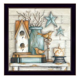 "Birdhouse on Books" By Mary June, Printed Wall Art, Ready To Hang Framed Poster, Black Frame