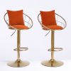 Orange velvet bar chair, pure gold plated, adjustable height, set of 2