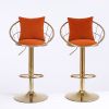 Orange velvet bar chair, pure gold plated, adjustable height, set of 2