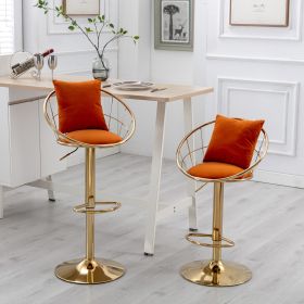 Orange velvet bar chair, pure gold plated, adjustable height, set of 2