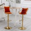 Orange velvet bar chair, pure gold plated, adjustable height, set of 2